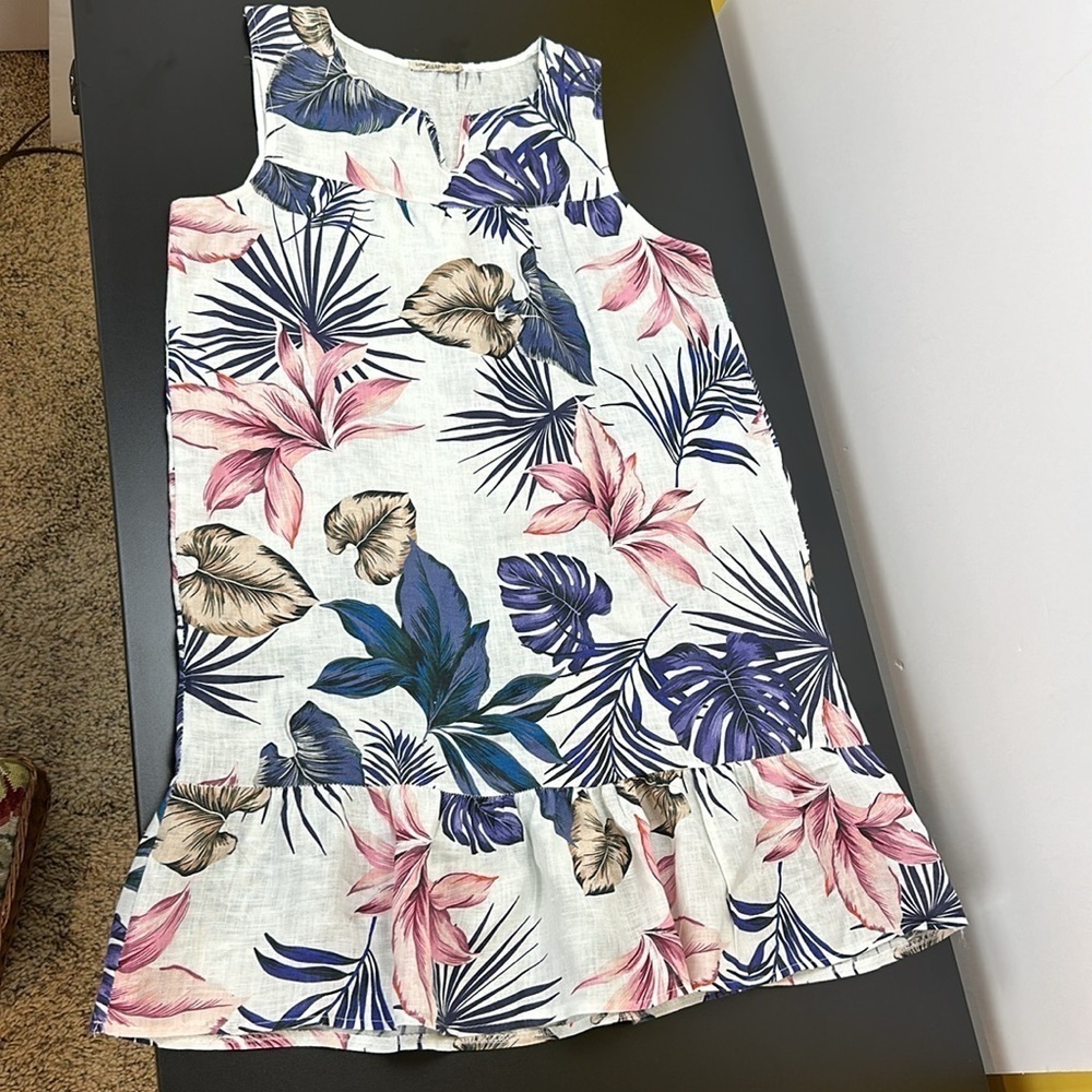 Lungo L’Arno Linen Floral‎ Tropical Print Sleeveless Dress XL Ruffle Hem … - Picture 12 of 12